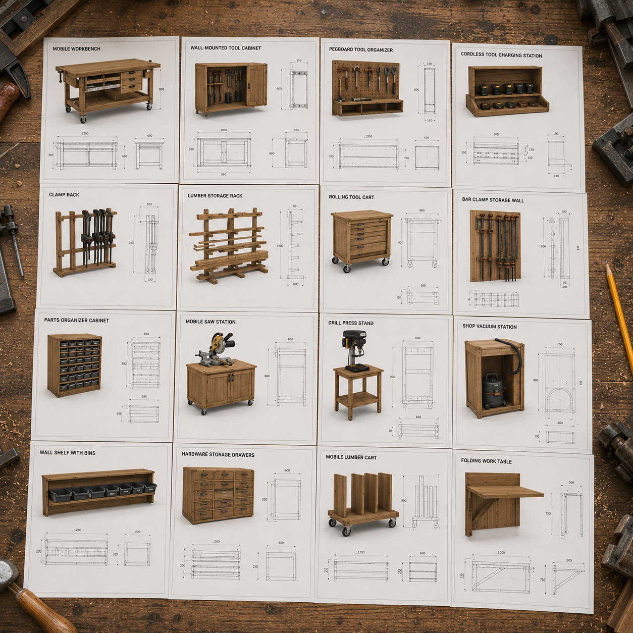 Workshop and shop storage woodworking projects with dimensions