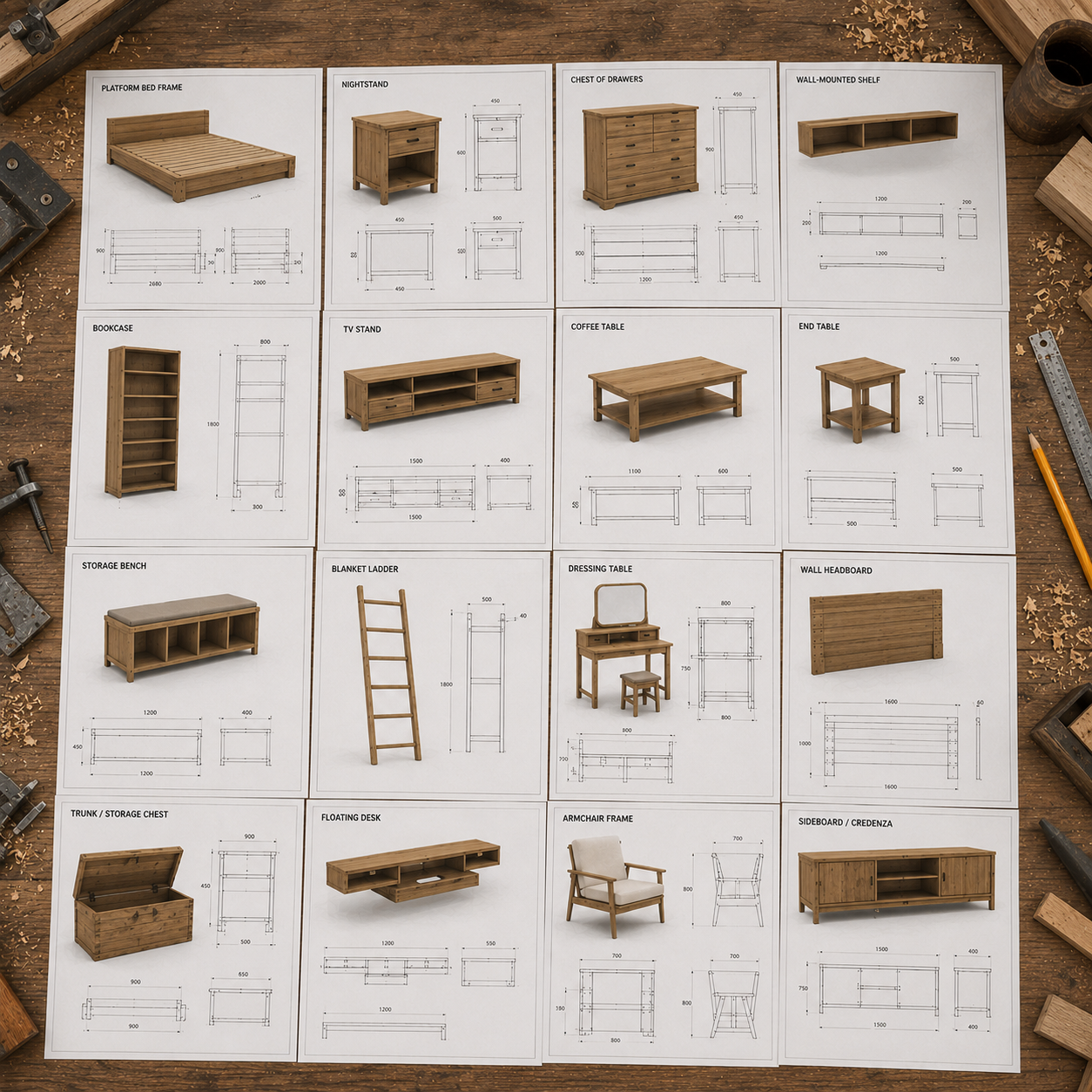 Bedroom & Living Room woodworking projects with dimensions